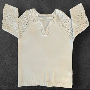 J Jill Tunic Womens Medium Tall White Crochet Beachy Coastal 3/4 Sleeves V Neck